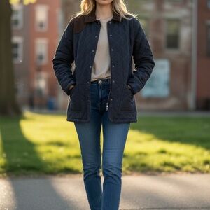 L.L. Bean Quilted Field Jacket Navy Brown Barn Coat Jacket Large